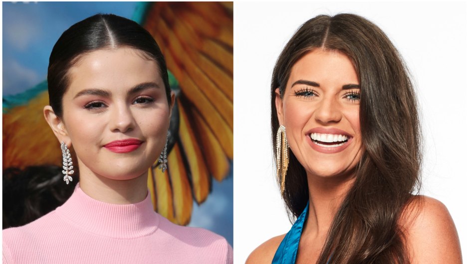 Selena Gomez Smiles in Pink Turtleneck with Hair Pulled Back and Red Lipstick in Split Image With Madison Prewett Bachelor Headshot