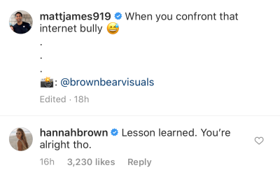 Hannah Brown Reconciles With Tyler Cameron's BFF Matt James Instagram Comments