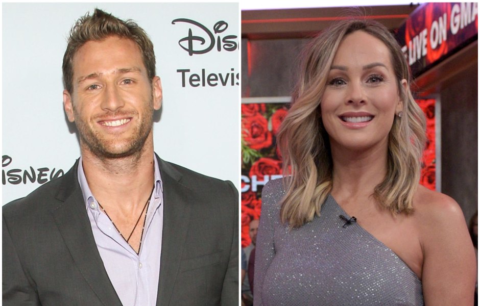 Bachelor Juan Pablo Galavis Smiles in a Grey Suit and Purple Shirt Split Image With Clare Crawley in One Sleeve Silver Dress on Good Morning America