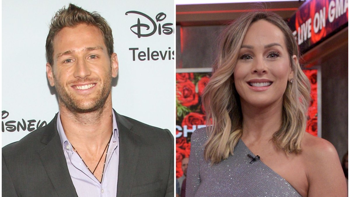 Bachelor Juan Pablo Galavis Smiles in a Grey Suit and Purple Shirt Split Image With Clare Crawley in One Sleeve Silver Dress on Good Morning America