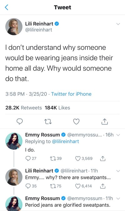 Lili Reinhart and Emmy Rossum Have Debate Over Jeans on Twitter