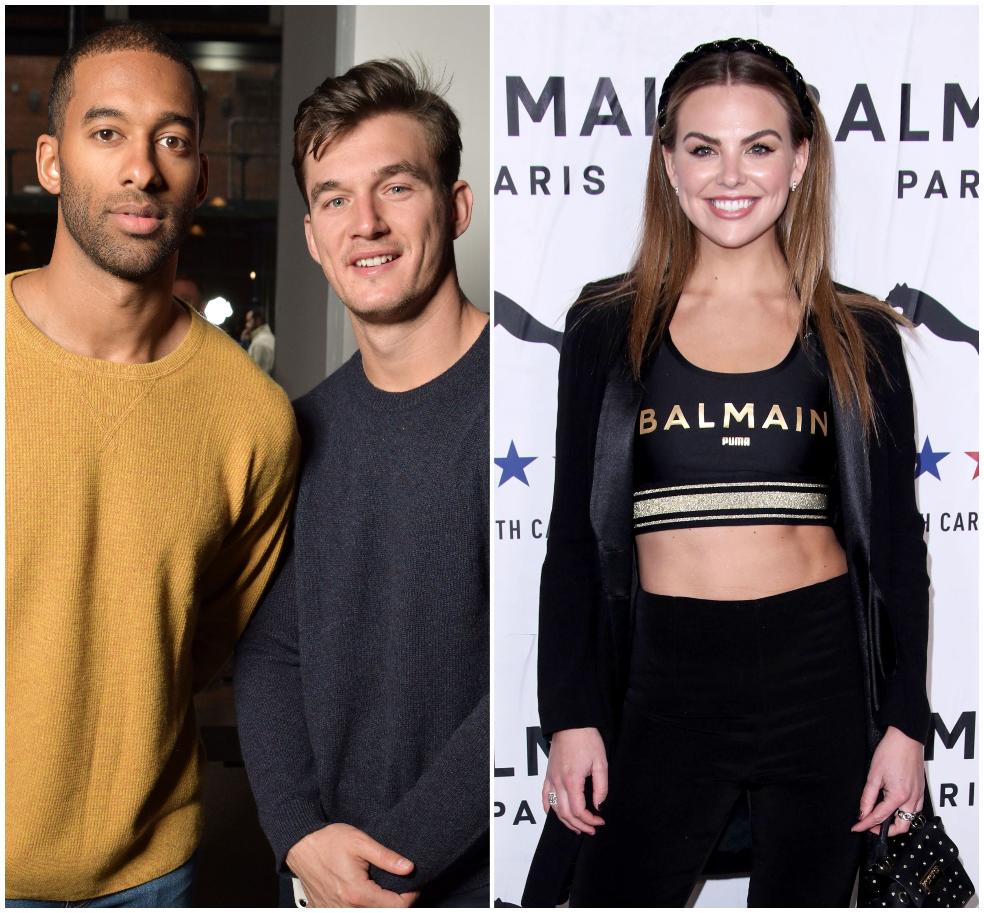 Matt James Wears Yellow Sweater With Tyler Cameron in Grey Sweater Split Image With Hannah Brown in Black Headband and Balmain Sports Bra