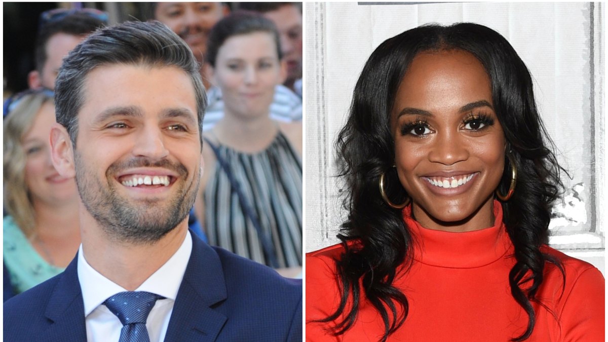 Bachelorette contestant Peter Krau Laugh in Blue Suit and Blue Tie in Side By Side Image With Ex Rachel Lindsay in Red Turtleneck Sweater