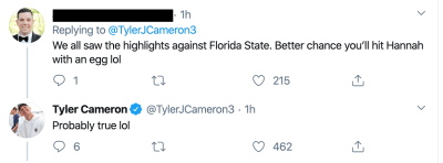 Tyler Cameron Responds to Fan Who Roasts His College Football Career