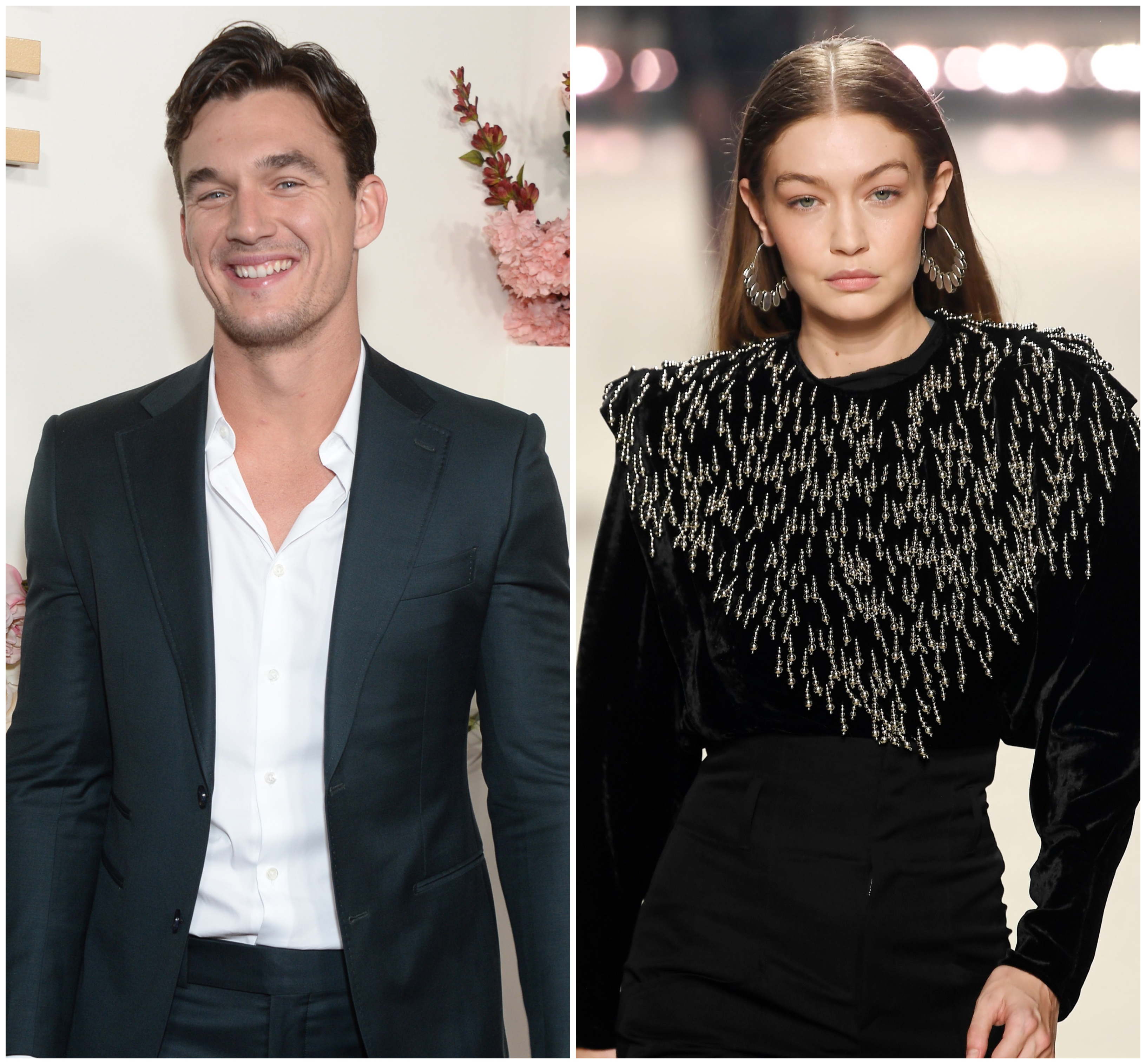 Tyler Cameron Smiles in Blue Suit in Split Image With Gigi Hadid Walking the Runway in a Black Dress