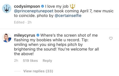 miley cyrus instagram comment to cody simpson