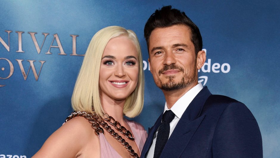 Katie Perry Wears Pink Gown With Short Platinum Blonde Bob With Fiance Orlando Bloom in Blue Suit