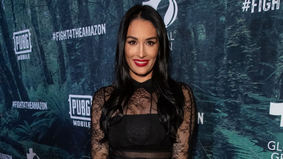 Nikki Bella Smiles in Red Lipstick and Black Sheer Lace Dress