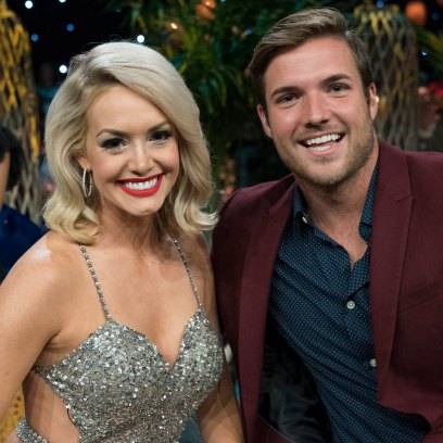 Bachelor in paradise Star Jenna Cooper Wears Silver Sparkly Dress and Red Lipstick Smiling With Ex Fiance Jordan Kimball in Red Blazer