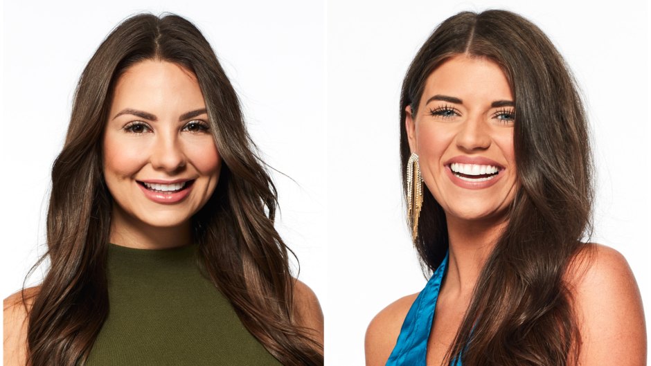 Bachelor Contestant Kelley Flangan Headshot in green Turtleneck With madison Prewett Smiling in Blue Silk Top and Dangling Gold Earrings