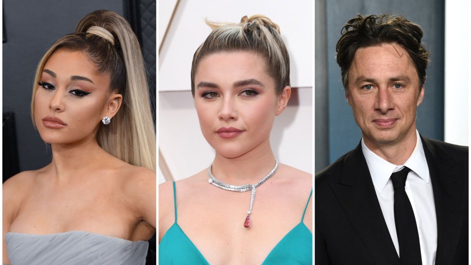Ariana Grande Wears High Blonde Ponytail in Grey Ballgwon Florence Pugh Wears Tight Bun and Turquoise Green Dress Zach Braff Smiles in Black Suit