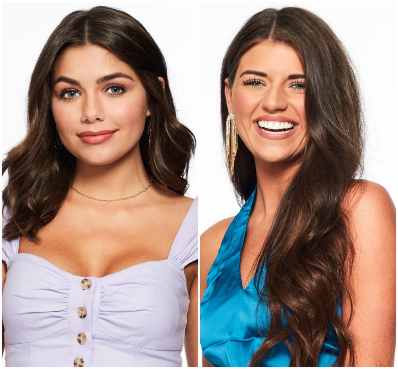 Bachelor Contestants Hannah Ann Sluss Headshot in Purple Top Split Image With Madison Prewett in Blue Silk Top and Gold Earrings