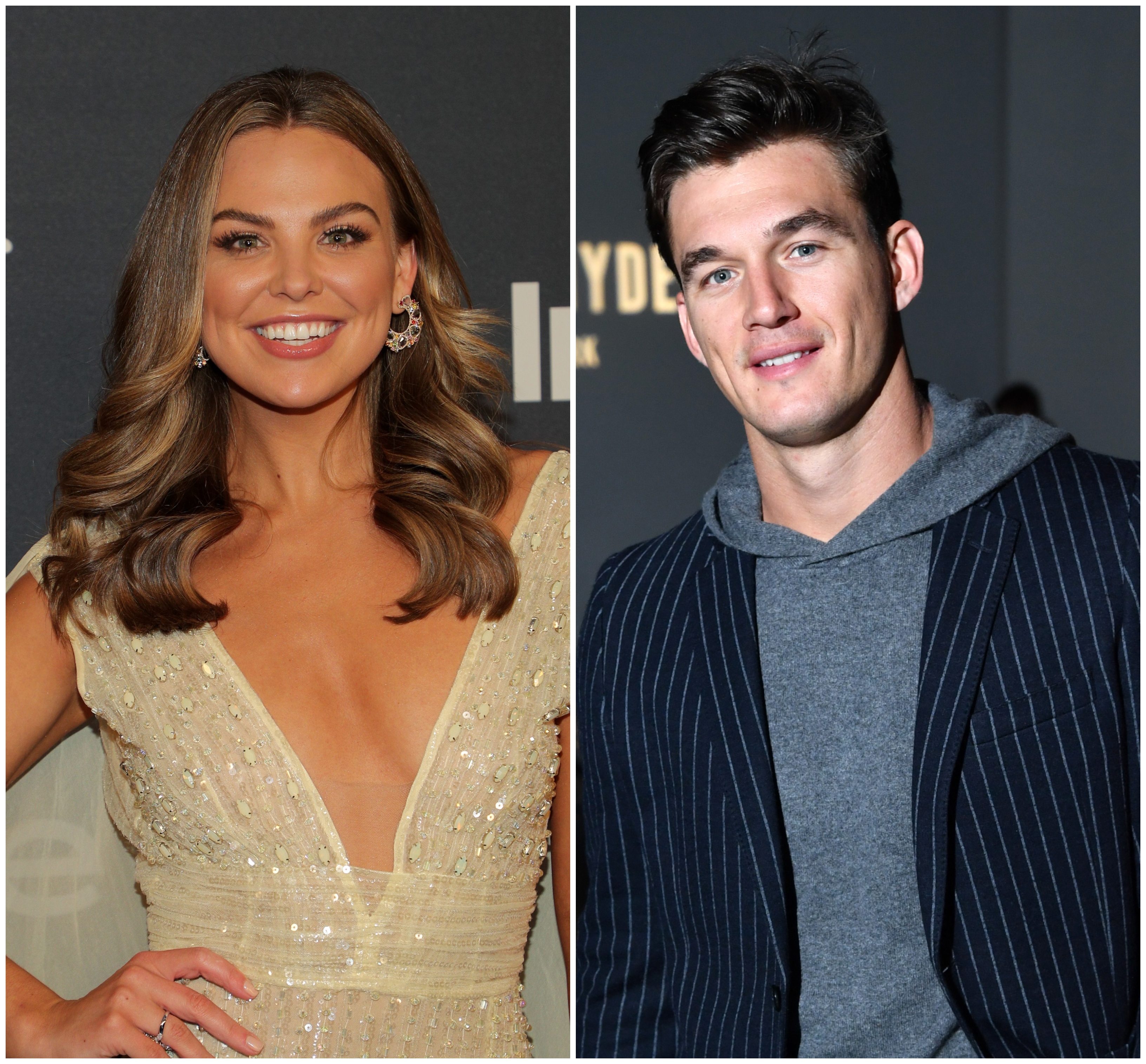 Hannah Brown Smiles in Sheer Yellow Dress in Split Image With Tyler Cameron Smiling in Grey Hoodie and Blue Blazer