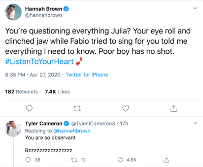 Hannah Brown and Tyler Cameron's Flirty Twitter Exchange 