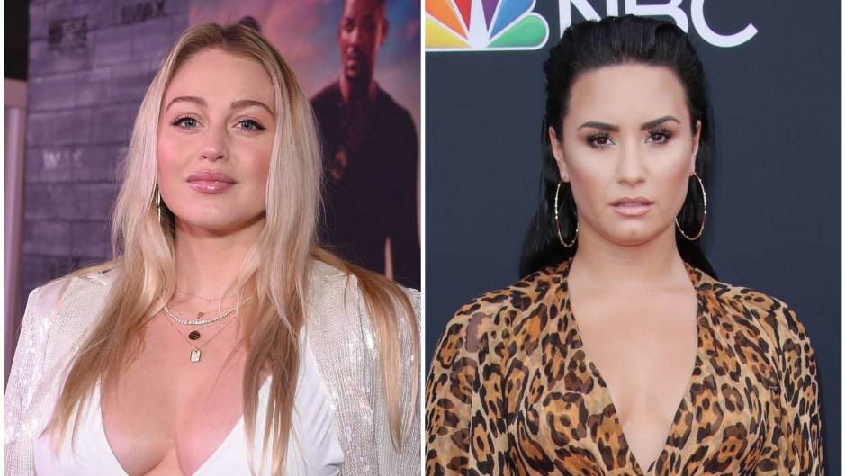 Iskra Lawrence Wears All White Outfit With Plunging Neckline in Split Image With Demi Lovato in a Cheetah Print Dress
