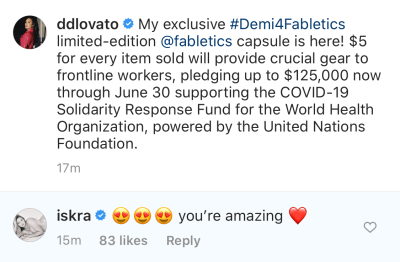 Iskra Lawrence Gushes Over Demi Lovato Coronavirus Donation