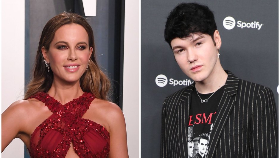 Kate Beckinsale Smiles in Red Sheer Sparkly Gown at Vanity Fair Oscars Party Split Image With Goody Grace in Pinstripe Blazer and Band Tshirt