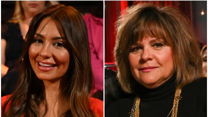 Bachelor Contestant Kelley Flanagan Smiles in Red Dress in Split Image With Peter Webers Mom Barb in Black turtleneck and Gold Chain Necklaces