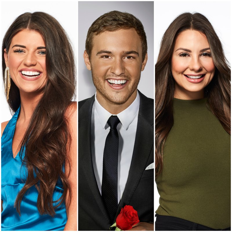 Bachelor Contestant Madison Prewett Smiles in Blue Silk Top and Gold Earrings Kelley Flanagan Wears Green Turtleneck adn Peter Weber Smiles in Black Suit