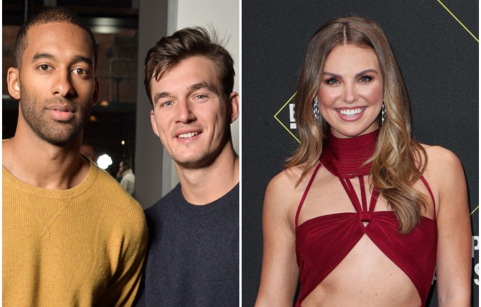 Matt James Wears Yellow Sweater and Stands With Tyler Cameron in Blue Sweater in Split Image With Bachelorette Hannah Brown in CutOut Red Dress