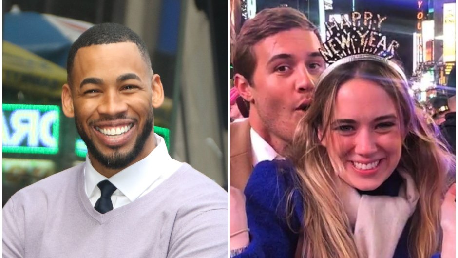 Bachelorette Contestant Mike Johnson Wears Purple Sweater and White Collar Shirt With Black Tie in Split Image With Bachelor Producer Julie LaPlaca on New Years With Peter Weber in Blue Coat