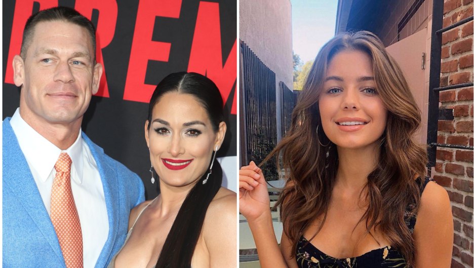 Nikki Bella Wears Silver Dress and Poses With Ex Fiance John Cena in Powder Blue Suit Split Image With Bachelor Star Hannah Ann Sluss in Flowered Dress