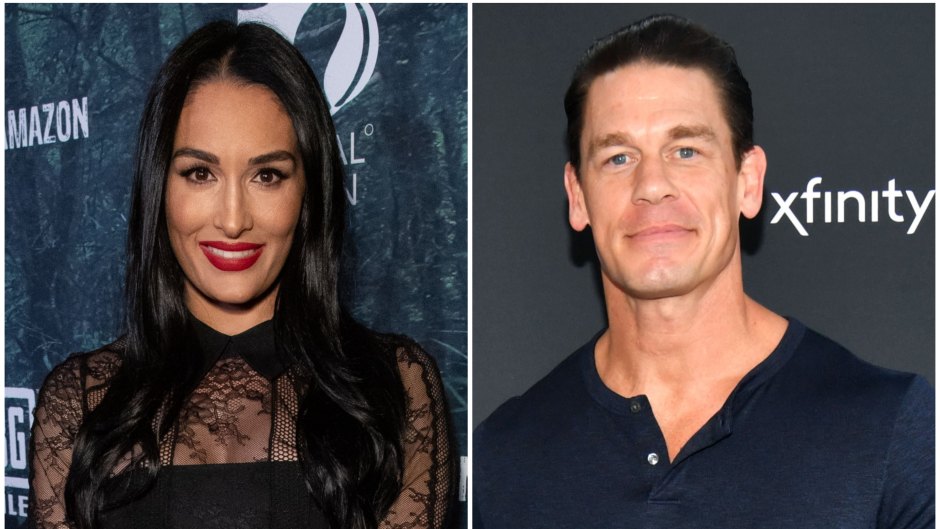 Nikki Bella Smiles in Black Lace Dress and Red Lipstick in Split Image With John Cena in Blue Henley Shirt