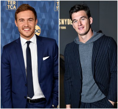 Bachelor Peter Weber Wears Blue Suit in Split Image With Tyler Cameron in Grey Hoodie and Pinstripe Blazer