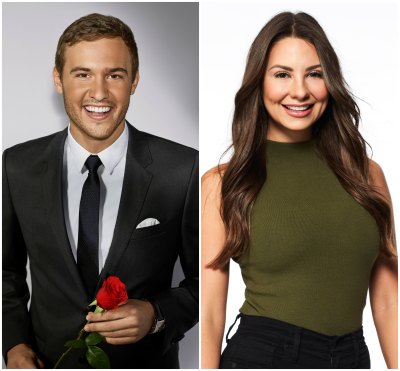 Peter Weber Smiles in Bachelor Photo Wearing a Black Suit and Holding a Rose in Split Image With Kelley Flanagan Bachelor Contestant Photo in Green Tank Top and Black Jeans