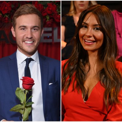 Bachelor Peter Weber Holds a Rose in a Blue Suit in Split Image With Kelley Flanagan in Red Dress at After the Finale Rose