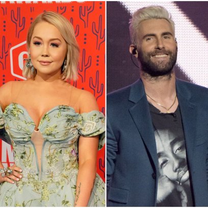 Raelynn Wears Flowers Off the Shoulder Dress Adam Levine Smiles With blonde Hair in Blue Trench Coat They Knew Each Other on The Voice