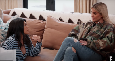 Khloe Kardashian Sits in Camo Jacket and Jeans on KUWTK While Talking With Kourtney Kardashian in a Striped Top