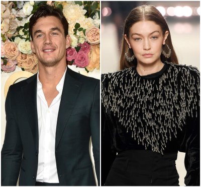 Bachelorettes Tyler Cameron Wears Blue Suit Gigi Hadid Models Black Dress and Hoop Earrings Tyler Reacts to Gigi Hadid Pregnancy