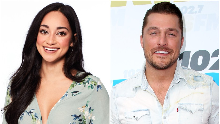 Bachelor Contestant Victoria Ruller Smiles in Flowered Crop Top Split Image With Bachelor Chris Soules in Button Down Shirt