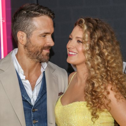 Ryan Reynolds Wears Tan Suit and Denim Vest and Stares at Wife Blake Lively in Sparkly Yellow Gown