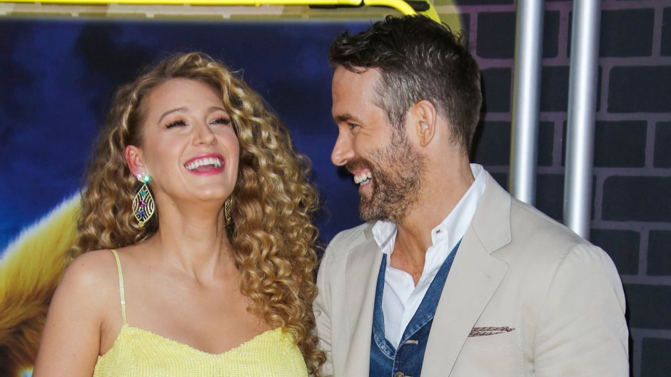 Blake Lively Wears Yellow Dress and HOlds Baby Bump While Laughing With Husband Ryan Reynolds in Tan Suit and Denim vest