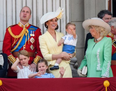 Prince William, Catherine Duchess of Cambridge, Prince Louis, Prince George, Princess Charlotte and Camilla Duchess of Cornwall Standing Outside Looking at Something