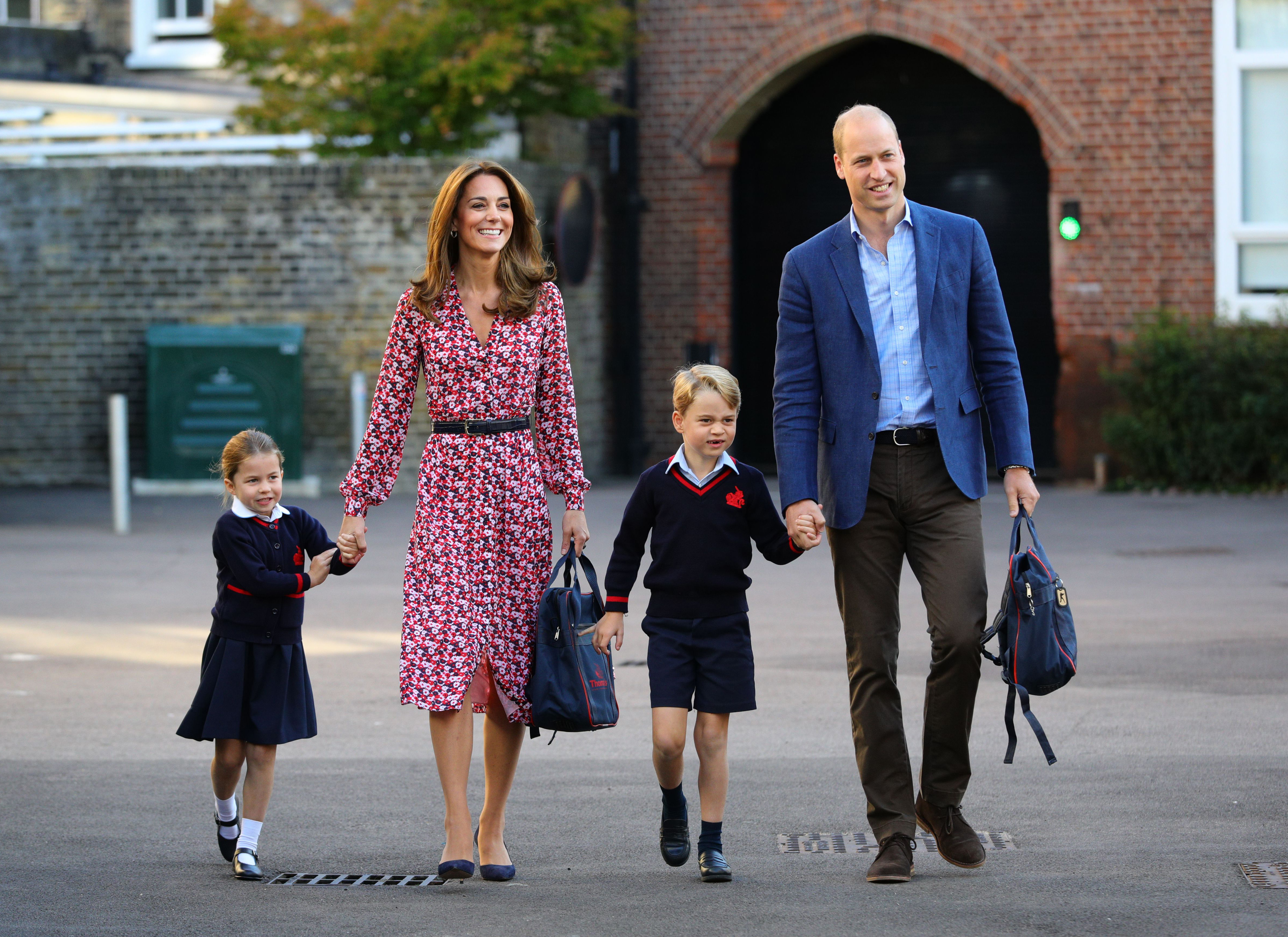 Princess Charlotte arrives for her first day of school, with her brother Prince George and her parents the Duke and Catherine Duchess of Cambridge, at Thomas's Battersea in London.