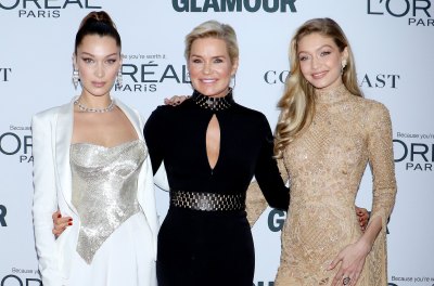 Gigi Hadid Wears Nude Dress With Arms Around Yolanda Foster in Black Dress With Keyhole and Bella Hadid in Silver Corset White Dress How They Reacted to Gigi's Pregnancy
