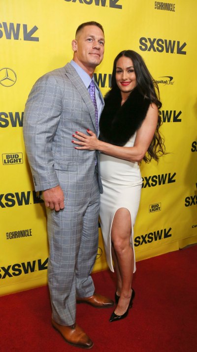 Nikki Bella Wears White Dress With Black Scarf with Ex Fiance John Cena at Blockers Premiere