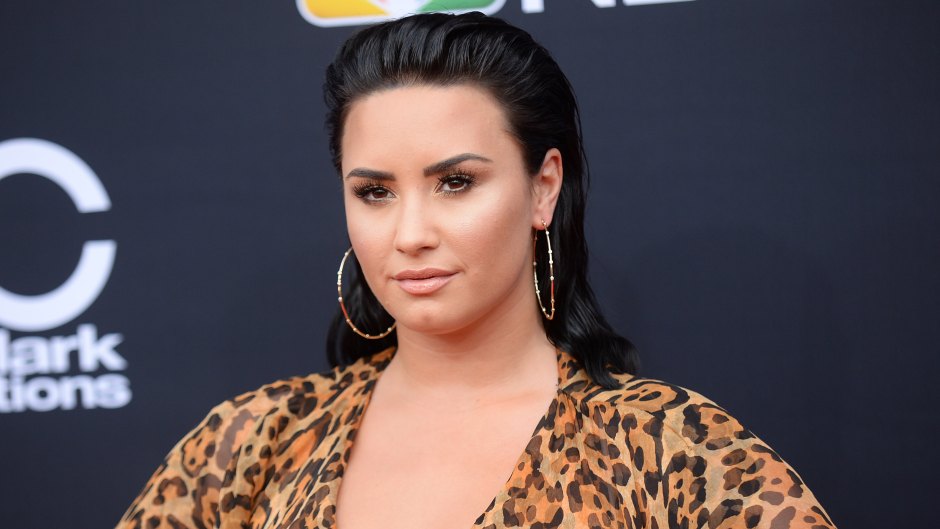 Demi Lovato Poses With Black Hair Slicked Back Wearing Sheer Cheetah Print Dress and Gold Hoop Earrings