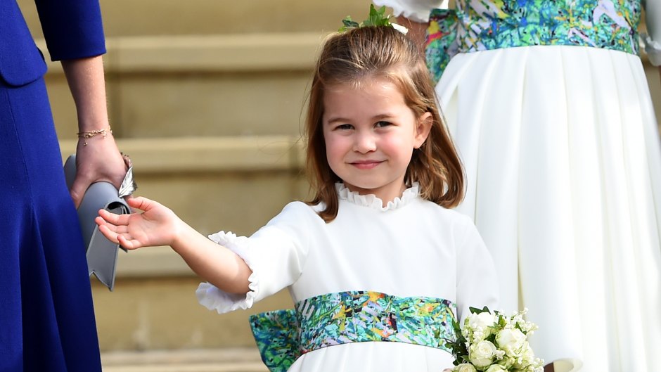 Princess Charlotte Wears White Dress With Green Belt and Waves While in Princess Eugenies Wedding