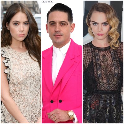 Ashley Benson Brown Hair Wears Nude Lace Dress With Black Ruffles G-Eazy Wears Hot Pink Suit With White Shirt and Cara Delevingne Wears Sheer Black Dress