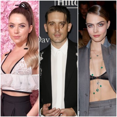 Ashley Benson wears High Ponytail With White Lace Top G Eazy Wears Black Suit With White Shirt Cara Delevingne Wears Black Bra Top and Grey Suit
