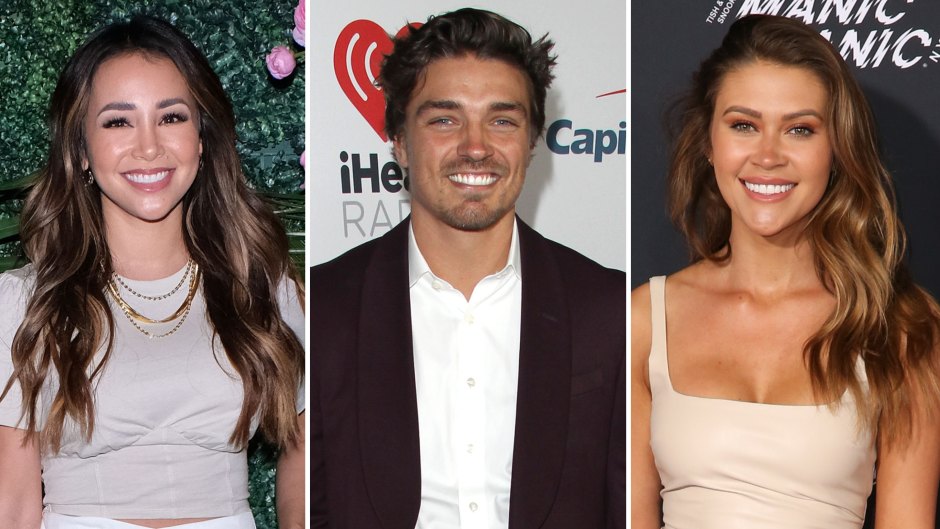 Bachelor in Paradise Alum Danielle Lombard Wears White Shirt and Pants Dean Unglert Smiles in Suit and Girlfriend Caelynn Miller Keyes Wears Nude Dress