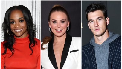 Rache lIndsay wears red turtleneck and black pants hannah brown wears white suit tyler cameron wears grey hoodie and pinstripe suit