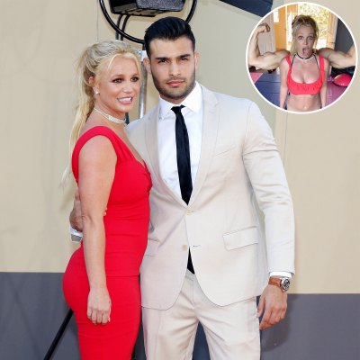 Inset Photo of Britney Spears and Sam Asghari Jokingly Posing Over Photo of Sam Asghari and Britney Spears on Red Carpet