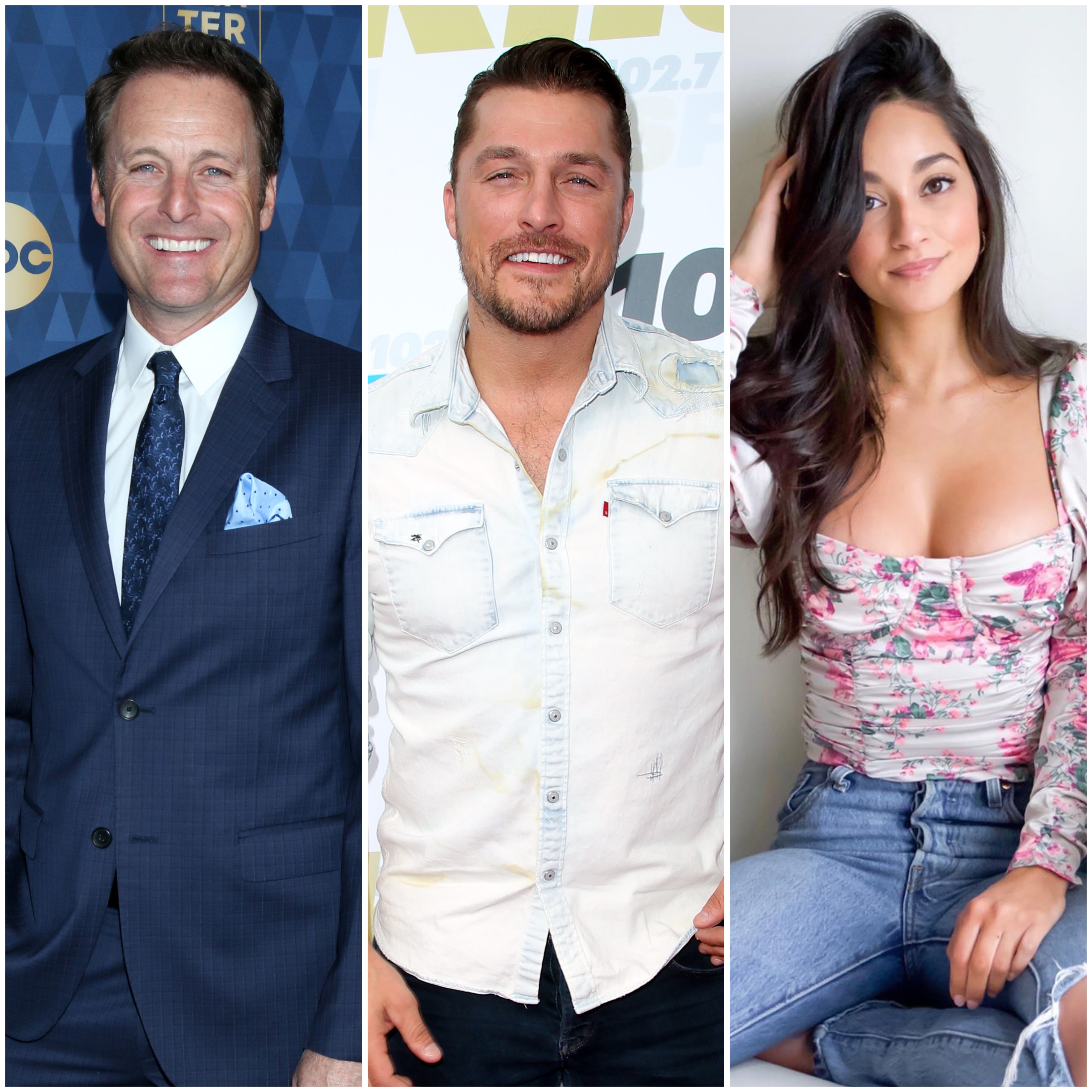Bachelor Host Chris Harrison Smiles in Blue Suit Chris Soules Wears Denim Button Down Shirt Contestant Victoria Fuller Wears Flowered Top
