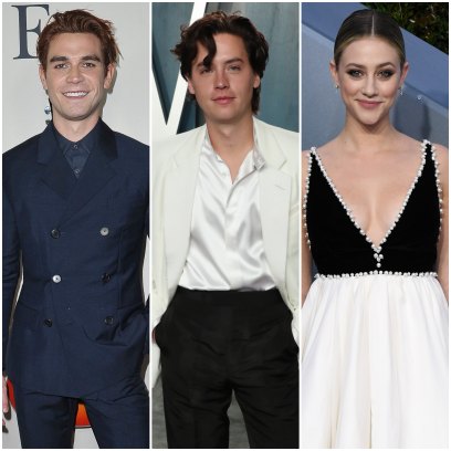 KJ Apa Wears Navy Blue Suit Cole Sprouse Wears White Silk Shirt White Blazer and Black Pants at Vanity Fair Oscars Afterparty Lili Reinhart Wears Black Velvet and White Gown With Hair Pulled Back