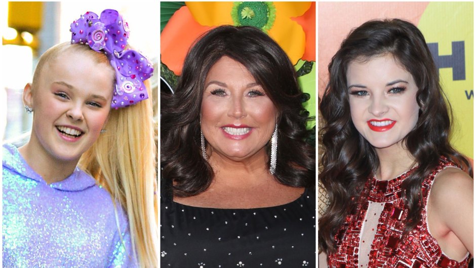 JoJo Siwa Wears Blue and Purple Holographic Hoodie and Purple Bow Abby Lee Miller Smiles in Brown Wig and Sparkly Black Top Brooke Hyland Wears Red Sequined Dress and Red Lipstick